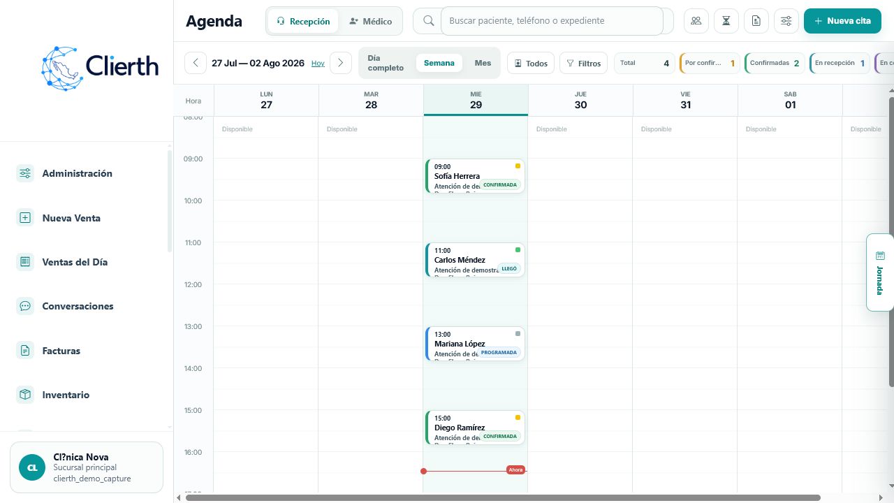 Agenda semanal real de Clierth con citas y pacientes ficticios