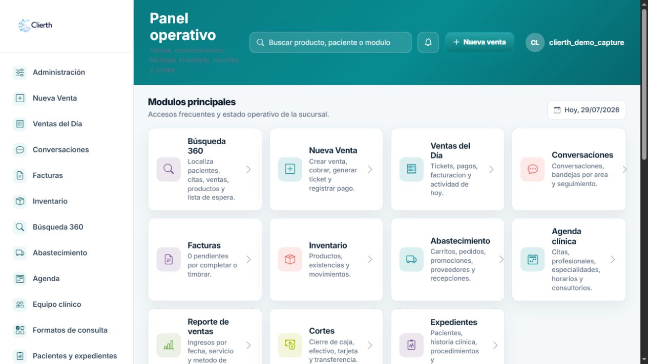 Panel operativo real de Clierth con accesos a nueva venta, ventas del día, inventario, cortes y agenda